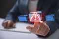 Cybersecurity alert with digital file folder. hand interacting with a cybersecurity alert symbol. malicious software, virus,