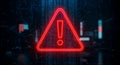 Cybersecurity Alert Digital Warning Sign Red Neon Glowing Exclamation Mark Technology Background