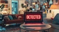 Cybersecurity Alert Laptop Displaying Detected Warning Message in Red, Home Interior Setting