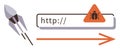 Cybersecurity alert with malware warning in URL and leading rocket representing quick response Royalty Free Stock Photo