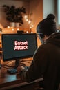 Cybersecurity Alert Man Facing Botnet Attack On Computer Screen, Digital Threats Concept