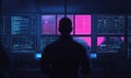 Cybersecurity Analyst Monitoring Data Breaches in High-Tech Control Room with Multiple Screens Displaying Code and