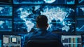 Cybersecurity Analyst Monitoring Global Data on Multiple Screens