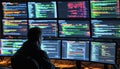 Cybersecurity analyst monitoring multiple displays filled with code and data, representing active network security