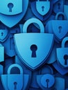 Cybersecurity art with layered locks and encrypted codes in a modern blue gradient background