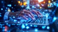 Cybersecurity Background Featuring a Business Professional Working on a Laptop with Data Flow Elements.