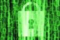 Cybersecurity background, green digital cyber security lock