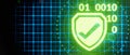 Cybersecurity binary shield check hand pressing banner background 3D Render