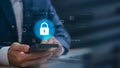Cybersecurity and Blockchain Security in Digital Data Protection. Businessman with cybersecurity and blockchain icons, encryption