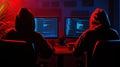 Cybersecurity Breach Hooded Hackers at Work Coding in the Night Unveiling Threats in Digital Darkness Royalty Free Stock Photo