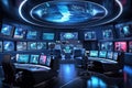 cybersecurity command center with futuristic screens