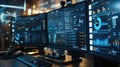 Cybersecurity Command Center with Monitors and Code Royalty Free Stock Photo