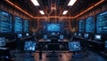 Cybersecurity Command Center with Multiple Screens Displaying Code and Data Royalty Free Stock Photo