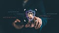 Cybersecurity concept with AI technology protection. Businessman touching virtual shield icon with artificial intelligence chip Royalty Free Stock Photo