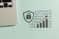 Cybersecurity concept with binary code, lock icon, and growth chart on light background Royalty Free Stock Photo
