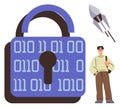 Cybersecurity Concept with Binary Code Lock, Rocket, and Man Standing Nearby Royalty Free Stock Photo