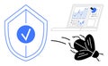 Cybersecurity Concept with Bug, Analytics Dashboard, and Shield with Checkmark Royalty Free Stock Photo