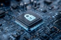 Cybersecurity Concept Depicting Secured Microchip on Circuit Board. Royalty Free Stock Photo