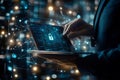 Cybersecurity Concept, Digital Lock Icon on Laptop Screen with Network Connections, Global Data Security and Technology Royalty Free Stock Photo