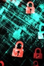 Cybersecurity Concept with Digital Locks and Abstract Network Background.