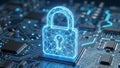 Cybersecurity concept with digital padlock on a circuit board illustration Royalty Free Stock Photo