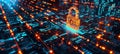 Cybersecurity Concept: Digital Padlock with Glowing Binary Streams and Secure Firewalls