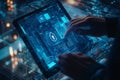 Cybersecurity concept, digital padlock icon on a futuristic tablet screen displaying complex data and binary code, close-up on Royalty Free Stock Photo