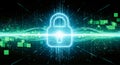 Cybersecurity concept, digital padlock, network protection, binary code, data security, internet safety, green technology Royalty Free Stock Photo