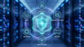 Cybersecurity concept with digital shield and icons representing data protection and network infrastructure in a server room Royalty Free Stock Photo