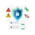 Cybersecurity concept with digital shield login form and warning signs for data protection Royalty Free Stock Photo