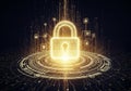 Cybersecurity Concept with a Glowing Golden Padlock Formed by Binary Code and Data Streams Symbolizing Digital Protection and Royalty Free Stock Photo