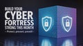 Cybersecurity concept with glowing brick wall and shield padlock icons symbolizing digital protection Royalty Free Stock Photo