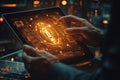 Cybersecurity Concept Glowing Digital Lock Symbol on Tablet Screen with Futuristic Data Interface and Hands Royalty Free Stock Photo