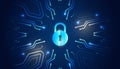 Cybersecurity concept with glowing padlock and digital circuit lines on dark blue background, symbolizing data protection, Royalty Free Stock Photo