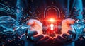 Cybersecurity concept glowing padlock held in hands with abstract futuristic digital network background Royalty Free Stock Photo