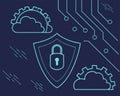 Cybersecurity concept with a glowing padlock icon inside a shield, binary code lines in the background Royalty Free Stock Photo