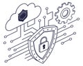 Cybersecurity concept with a glowing padlock icon inside a shield, binary code lines in the background Royalty Free Stock Photo