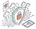 Cybersecurity concept with a glowing padlock icon inside a shield, binary code lines in the background Royalty Free Stock Photo