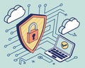 Cybersecurity concept with a glowing padlock icon inside a shield, binary code lines in the background Royalty Free Stock Photo