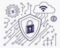 Cybersecurity concept with a glowing padlock icon inside a shield, binary code lines in the background Royalty Free Stock Photo