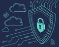 Cybersecurity concept with a glowing padlock icon inside a shield, binary code lines in the background Royalty Free Stock Photo