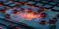 Cybersecurity concept with glowing red circuit and digital bugs on keyboard