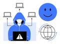 Cybersecurity Concept with Hacker, Global Connectivity, and happy Face Elements Royalty Free Stock Photo