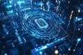 Cybersecurity concept illustrated with a digital lock, binary code, and detailed graphics in blue tones, Generated AI