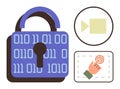 Cybersecurity Concept with Lock, Binary Code, Video Play Button, and Fingerprint Touch Icon Royalty Free Stock Photo