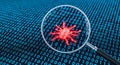 Cybersecurity concept with magnifying glass finding virus bug in binary code. Internet security, data protection and malware Royalty Free Stock Photo