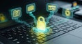 Cybersecurity concept with padlock and data icons on laptop keyboard Royalty Free Stock Photo