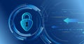 Cybersecurity concept with padlock and digital arrows on futuristic tech blue background. Perfect for data protection, privacy or Royalty Free Stock Photo