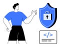 Cybersecurity Concept with Person Pointing to Shield Lock and Code Icon for Data Protection Royalty Free Stock Photo