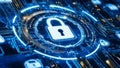 The cybersecurity concept relies on digital locks to defend networks against cyber threats, incorporating techniques